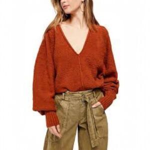 Free People Reverie V-Neck Sweater Burnt Butter Nubby Knit Size M